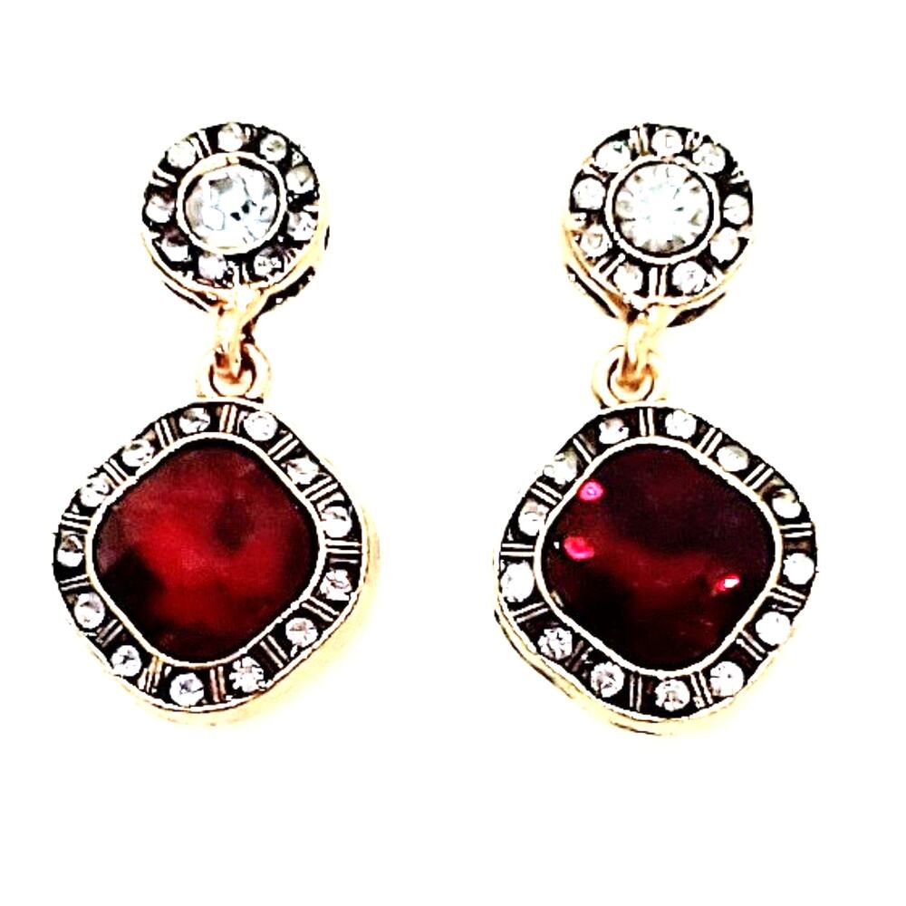 Drop Earrings Red/clear Rhinestones Round And Diamond Shapes Gold Tone